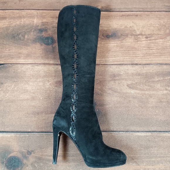 Elie Tahari Black Suede Knee High Heeled Boots Women\'s Size 7.5 EU 37